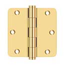 Deltana [CSB35R4-R] Solid Brass Door Butt Hinge - Residential - Button Tip - 1/4&quot; Radius Corner - Polished Brass (PVD) Finish - Pair - 3 1/2&quot; H x 3 1/2&quot; W