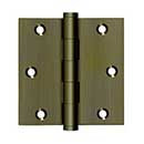 Deltana [DSB355] Solid Brass Door Butt Hinge - Button Tip - Square Corner - Antique Brass Finish - Pair - 3 1/2" H x 3 1/2" W