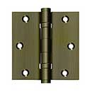 Deltana [DSB35B5] Solid Brass Door Butt Hinge - Ball Bearing - Button Tip - Square Corner - Antique Brass Finish - Pair - 3 1/2" H x 3 1/2" W