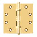 Deltana [CSB45BN] Solid Brass Door Butt Hinge - Ball Bearing - Non-Removable Pin - Button Tip - Square Corner - Polished Brass (PVD) Finish - Pair - 4 1/2&quot; H x 4 1/2&quot; W
