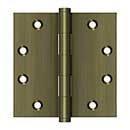 Deltana [DSB455] Solid Brass Door Butt Hinge - Button Tip - Square Corner - Antique Brass Finish - Pair - 4 1/2&quot; H x 4 1/2&quot; W
