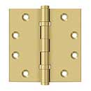 Deltana [DSB45B4] Solid Brass Door Butt Hinge - Ball Bearing - Button Tip - Square Corner - Brushed Brass Finish - Pair - 4 1/2&quot; H x 4 1/2&quot; W