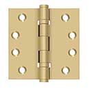 Deltana [DSB4B4] Solid Brass Door Butt Hinge - Ball Bearing - Button Tip - Square Corner - Brushed Brass Finish - Pair - 4" H x 4" W
