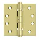 Deltana [DSB4NB3] Solid Brass Door Butt Hinge - Ball Bearing - Non-Removable Pin - Button Tip - Square Corner - Polished Brass Finish - Pair - 4" H x 4" W