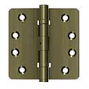 Deltana [DSB4R4NB5] Solid Brass Door Butt Hinge - Ball Bearing - Non-Removable Pin - Button Tip - 1/4" Radius Corner - Antique Brass Finish - Pair - 4" H x 4" W