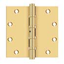 Deltana [CSB55BN] Solid Brass Door Butt Hinge - Ball Bearing - Non-Removable Pin - Button Tip - Square Corner - Polished Brass (PVD) Finish - Pair - 5" H x 5" W