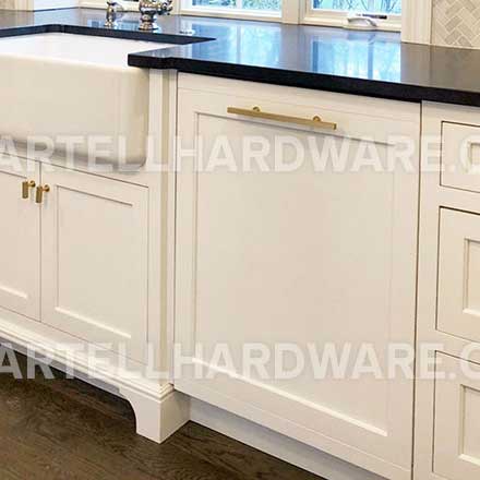 White Shaker Kitchen Featuring Brushed Brass Square Bar Series by Lewis Dolin - Lew's Hardware Kitchen & Cabinet Hardware
