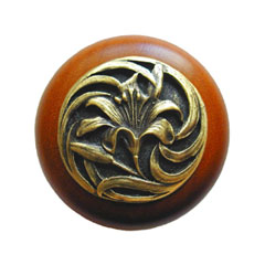 Notting Hill [NHW-703C-AB] Wood Cabinet Knob - Tiger Lily - Cherry - Antique Brass Finish - 1 1/2&quot; Dia.