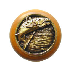 Notting Hill [NHW-708M-AB] Wood Cabinet Knob - Leaping Trout - Maple - Antique Brass Finish - 1 1/2&quot; Dia.