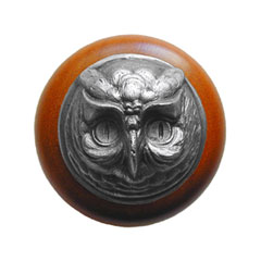 Notting Hill [NHW-711C-AP] Wood Cabinet Knob - Wise Owl - Cherry - Antique Pewter Finish - 1 1/2&quot; Dia.