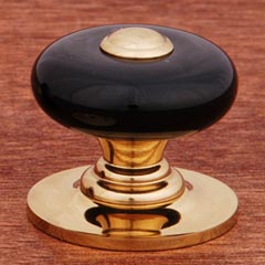 RK International [CK-313] Porcelain Cabinet Knob - Large Fat Round - Black w/ Brass Tip - Polished Brass Base - 1 1/4&quot; Dia.