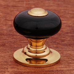 RK International [CK-317] Porcelain Cabinet Knob - Small Fat Round - Black w/ Brass Tip - Polished Brass Base - 1&quot; Dia.