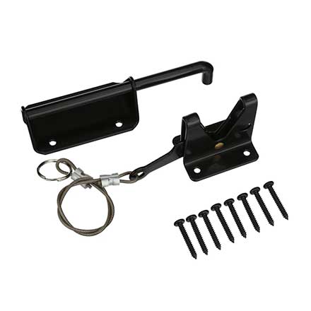 Advantage Industries [AD2013] Zinc Plated Steel Wood Gate Gravity Latch w/ Cable - Pad Lockable - Black Finish
