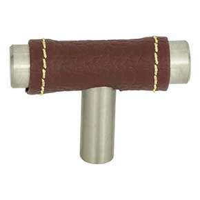 Atlas Homewares [288-OW-BRN] Die Cast Zinc Cabinet T-Knob - Zanzibar Series - Brown Leather - Brushed Nickel Finish - 1 7/8" L