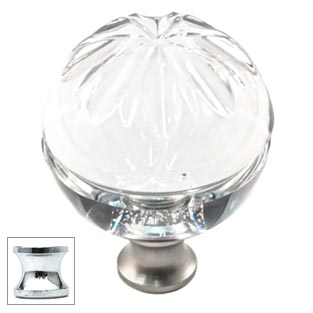 Cal Crystal [M1114-US26] Crystal Cabinet Knob - Clear - Globe - Raised Sunburst Etching - Polished Chrome Stem - 1 3/8" Dia.