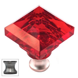 Cal Crystal [M995-RED-US15A] Crystal Cabinet Knob - Red - Pyramid - Pewter Stem - 1 1/4" Sq.