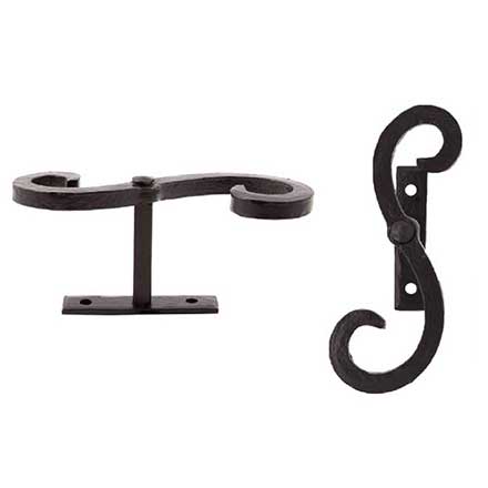 Charleston Hardware [4132.US693] Forged Iron Shutter Dog - Scroll - Plate Mount - 5 3/4&quot; L - Flat Black - Pair