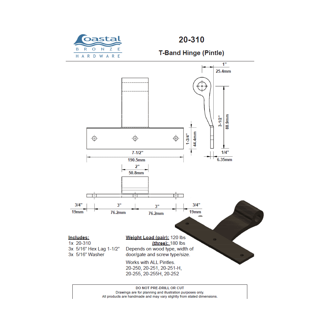 Coastal Bronze [20-310] Gate T-Band Hinge