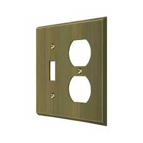 Deltana [SWP4762U5] Solid Brass Wall Plug & Switch Plate Cover - Single Switch / Double Outlet - Antique Brass Finish