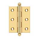 Deltana [CH2520CR003] Solid Brass Cabinet Door Butt Hinge - Ball Tip - Square Corner - Polished Brass (PVD) Finish - Pair - 2 1/2" H x 2" W