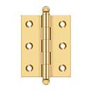 Deltana [CH2520CR003] Solid Brass Cabinet Door Butt Hinge - Ball Tip - Square Corner - Polished Brass (PVD) Finish - Pair - 2 1/2&quot; H x 2&quot; W