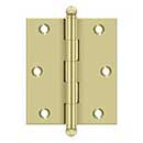 Deltana [CH3025U3-UNL] Solid Brass Cabinet Door Butt Hinge - Ball Tip - Square Corner - Polished Brass (Unlacquered) Finish - Pair - 3" H x 2 1/2" W