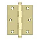 Deltana [CH3025U3-UNL] Solid Brass Cabinet Door Butt Hinge - Ball Tip - Square Corner - Polished Brass (Unlacquered) Finish - Pair - 3&quot; H x 2 1/2&quot; W