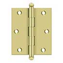 Deltana [CH3025U3] Solid Brass Cabinet Door Butt Hinge - Ball Tip - Square Corner - Polished Brass Finish - Pair - 3" H x 2 1/2" W
