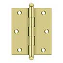 Deltana [CH3025U3] Solid Brass Cabinet Door Butt Hinge - Ball Tip - Square Corner - Polished Brass Finish - Pair - 3&quot; H x 2 1/2&quot; W