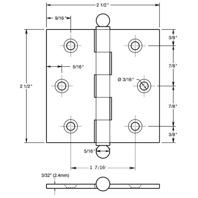 Deltana CH2525 Cabinet Butt Hinge