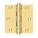 Deltana [CSB35BB] Solid Brass Door Butt Hinge - Ball Bearing - Button Tip - Square Corner - Polished Brass (PVD) Finish - Pair - 3 1/2&quot; H x 3 1/2&quot; W