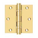 Deltana [CSB35BB] Solid Brass Door Butt Hinge - Ball Bearing - Button Tip - Square Corner - Polished Brass (PVD) Finish - Pair - 3 1/2&quot; H x 3 1/2&quot; W