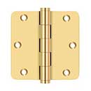 Deltana [CSB35R4-R] Solid Brass Door Butt Hinge - Residential - Button Tip - 1/4" Radius Corner - Polished Brass (PVD) Finish - Pair - 3 1/2" H x 3 1/2" W