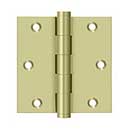 Deltana [DSB353-UNL-R] Solid Brass Door Butt Hinge - Residential - Button Tip - Square Corner - Polished Brass (Unlacquered) Finish - Pair - 3 1/2" H x 3 1/2" W