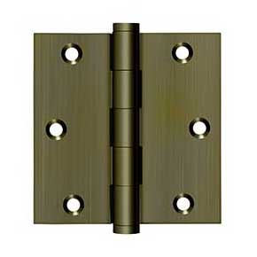 Deltana [DSB355-R] Solid Brass Door Butt Hinge - Residential - Button Tip - Square Corner - Antique Brass Finish - Pair - 3 1/2" H x 3 1/2" W