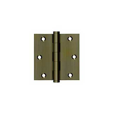 Deltana [DSB355-R] Solid Brass Door Butt Hinge - Residential - Button Tip - Square Corner - Antique Brass Finish - Pair - 3 1/2&quot; H x 3 1/2&quot; W