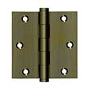 Deltana [DSB355-R] Solid Brass Door Butt Hinge - Residential - Button Tip - Square Corner - Antique Brass Finish - Pair - 3 1/2" H x 3 1/2" W
