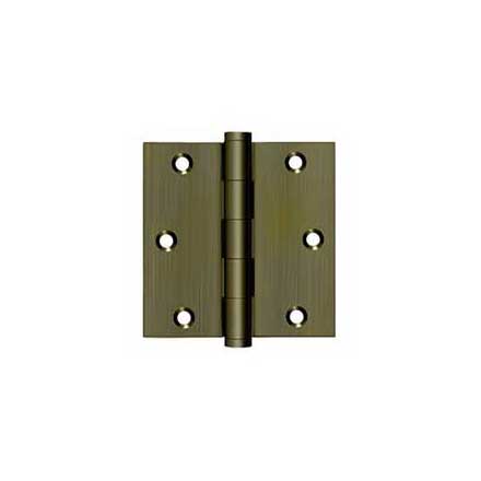 Deltana [DSB355] Solid Brass Door Butt Hinge - Button Tip - Square Corner - Antique Brass Finish - Pair - 3 1/2" H x 3 1/2" W