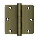 Deltana [DSB35R45] Solid Brass Door Butt Hinge - Button Tip - 1/4" Radius Corner - Antique Brass Finish - Pair - 3 1/2" H x 3 1/2" W