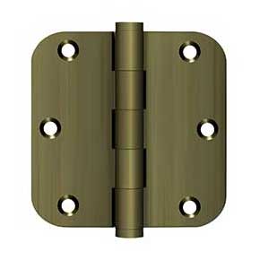 Deltana [DSB35R55-R] Solid Brass Door Butt Hinge - Residential - Button Tip - 5/8" Radius Corner - Antique Brass Finish - Pair - 3 1/2" H x 3 1/2" W