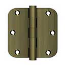 Deltana [DSB35R55-R] Solid Brass Door Butt Hinge - Residential - Button Tip - 5/8" Radius Corner - Antique Brass Finish - Pair - 3 1/2" H x 3 1/2" W