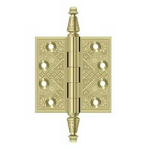 Deltana [DSBP35U3-UNL] Solid Brass Door Butt Hinge - Ornate - Square Corner - Polished Brass (Unlacquered) Finish - Pair - 3 1/2" H x 3 1/2" W