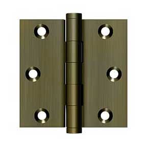 Deltana [DSB35] Solid Brass Door Butt Hinge - Button Tip - Square Corner - Antique Brass Finish - Pair - 3" H x 3" W