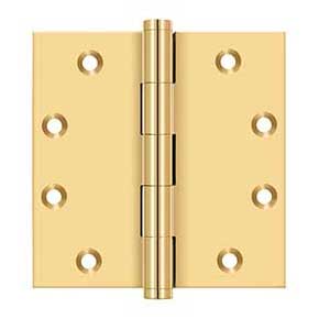 Deltana [CSB45] Solid Brass Door Butt Hinge - Button Tip - Square Corner - Polished Brass (PVD) Finish - Pair - 4 1/2" H x 4 1/2" W