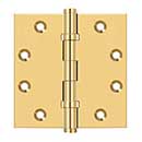 Deltana [CSB45BB] Solid Brass Door Butt Hinge - Ball Bearing - Button Tip - Square Corner - Polished Brass (PVD) Finish - Pair - 4 1/2" H x 4 1/2" W