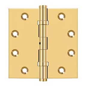 Deltana [CSB45BN] Solid Brass Door Butt Hinge - Ball Bearing - Non-Removable Pin - Button Tip - Square Corner - Polished Brass (PVD) Finish - Pair - 4 1/2" H x 4 1/2" W