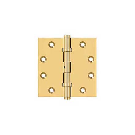 Deltana [CSB45BN] Solid Brass Door Butt Hinge - Ball Bearing - Non-Removable Pin - Button Tip - Square Corner - Polished Brass (PVD) Finish - Pair - 4 1/2&quot; H x 4 1/2&quot; W