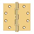 Deltana [CSB45BN] Solid Brass Door Butt Hinge - Ball Bearing - Non-Removable Pin - Button Tip - Square Corner - Polished Brass (PVD) Finish - Pair - 4 1/2" H x 4 1/2" W