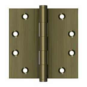Deltana [DSB455] Solid Brass Door Butt Hinge - Button Tip - Square Corner - Antique Brass Finish - Pair - 4 1/2" H x 4 1/2" W