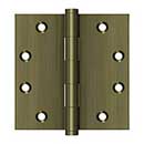 Deltana [DSB455] Solid Brass Door Butt Hinge - Plain Bearing - Button Tip - Square Corner - Antique Brass Finish - Pair - 4 1/2" H x 4 1/2" W
